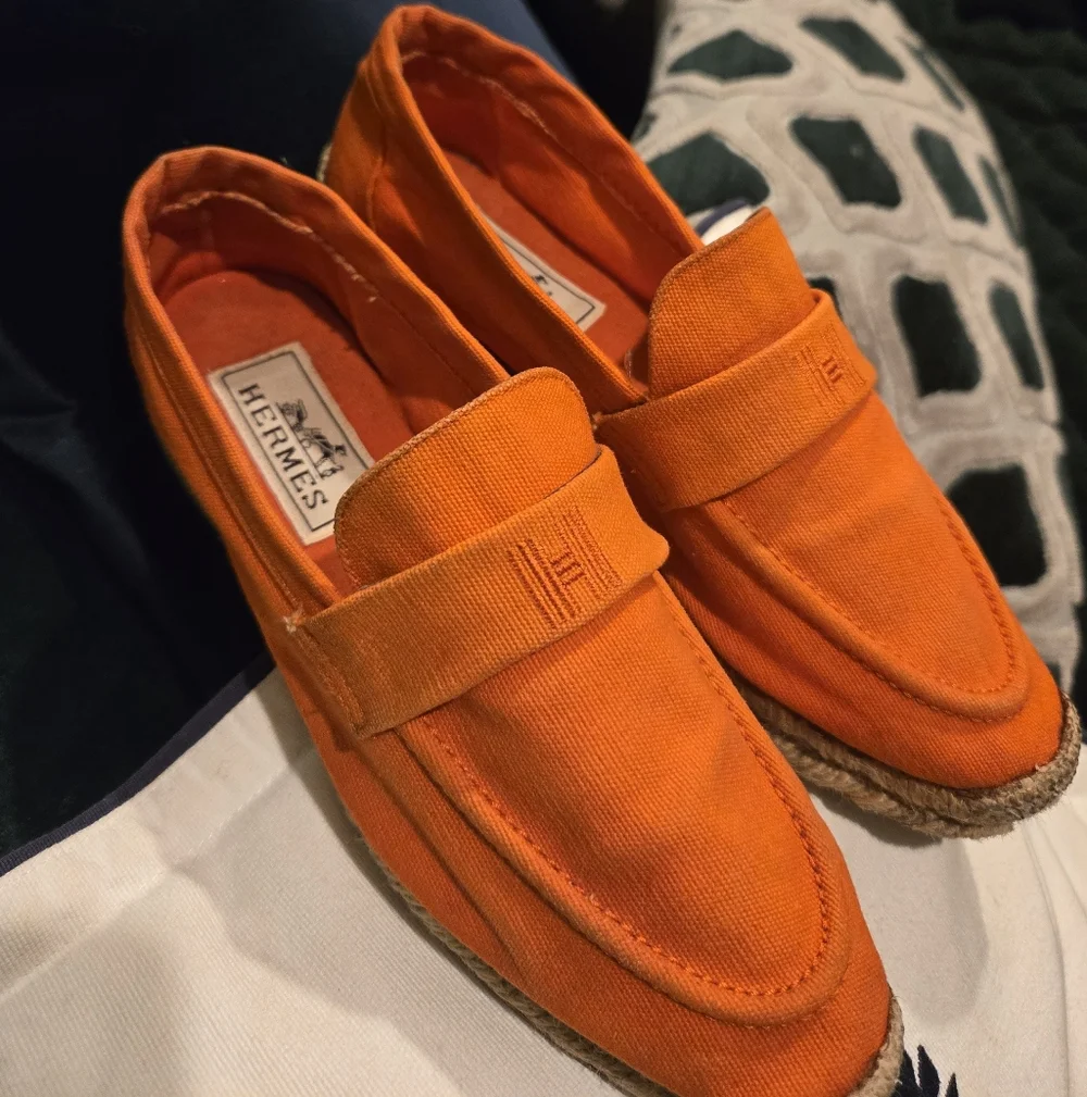 Hermes Bright Orange Canvas Espadrille Loafers with Strap Detail